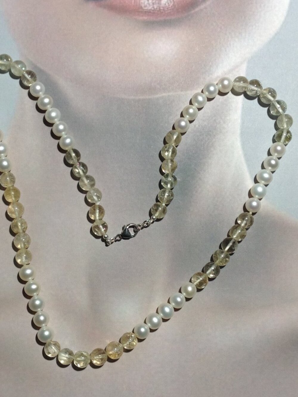 White Freshwater Pearl and Yellow Rutile Quartz Beads Necklace.